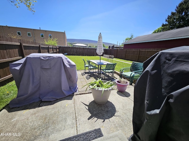 view of patio with grilling area, outdoor dining area, and a fenced backyard