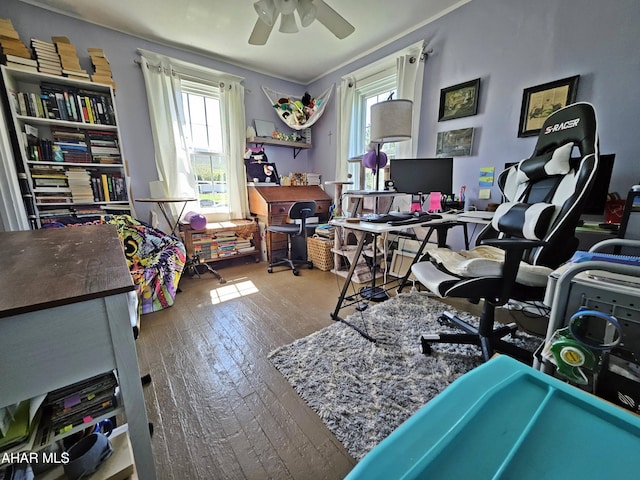 office featuring a ceiling fan, a healthy amount of sunlight, and hardwood / wood-style floors