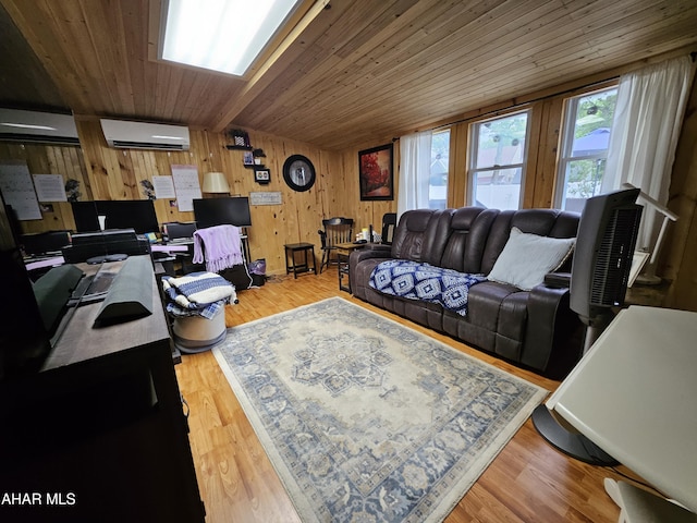 2802 Elm St, Altoona, PA 16601 - living area with wooden walls, an AC wall unit, wood ceiling with exposed beams, wood finished floors, and a desk