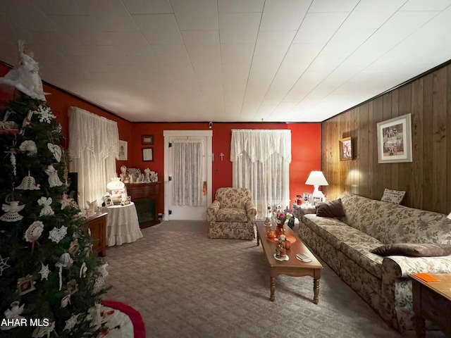 living area with carpet floors and wooden walls