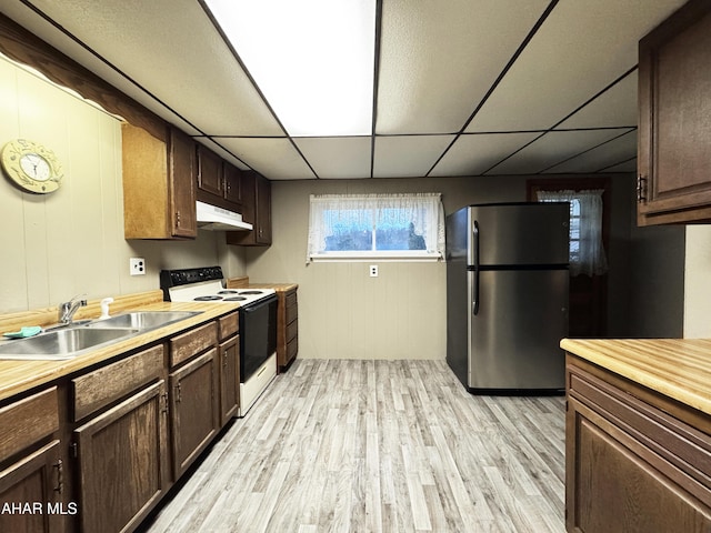 kitchen with electric range, freestanding refrigerator, a sink, dark brown cabinets, and light wood-type flooring