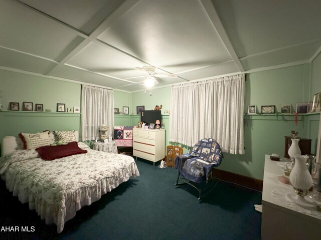 bedroom with ceiling fan and carpet