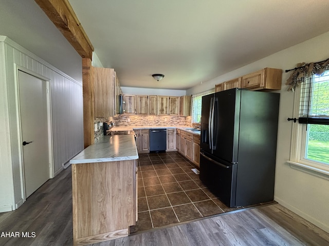 897 Burns Ave, Altoona, PA 16601 - kitchen featuring black refrigerator with ice dispenser, dishwashing machine, light countertops, tasteful backsplash, and light brown cabinets
