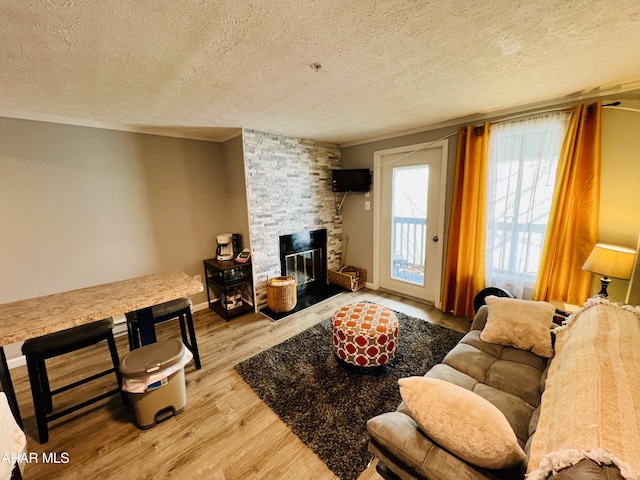 155 E Valley Point Ln, Claysburg, PA 16625 - living room featuring a textured ceiling, a stone fireplace, and wood finished floors