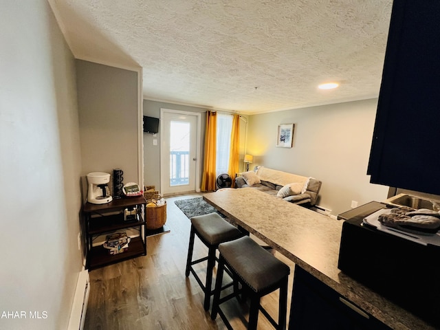 155 E Valley Point Ln, Claysburg, PA 16625 - kitchen with wood finished floors, a baseboard radiator, a breakfast bar, a textured ceiling, and ornamental molding