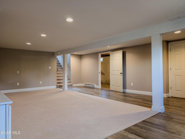 151 Rio Grande Rd, Clearville, PA 15535 - finished basement with baseboard heating, recessed lighting, baseboards, wood finished floors, and stairs