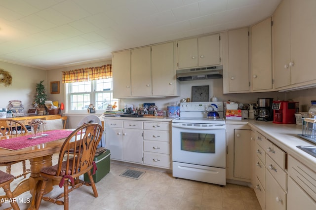 7241 Morgans Rd, Huntingdon, PA 16652 - kitchen featuring white range with electric stovetop, under cabinet range hood, light countertops, cream cabinets, and ornamental molding
