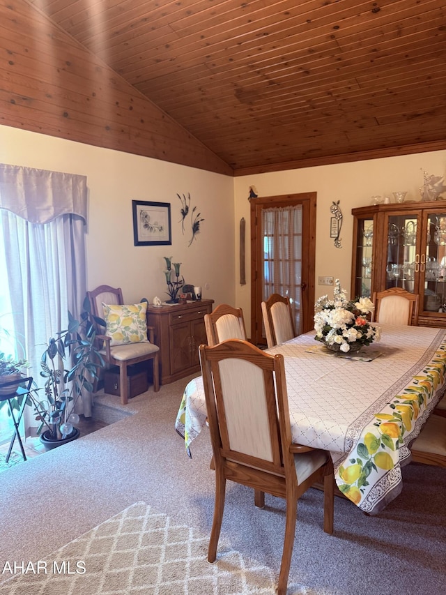 524 Elm Ln, Duncansville, PA 16635 - dining room with lofted ceiling, light carpet, and wood ceiling