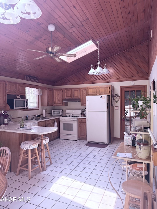 524 Elm Ln, Duncansville, PA 16635 - kitchen with white appliances, wood ceiling, under cabinet range hood, a skylight, and light countertops