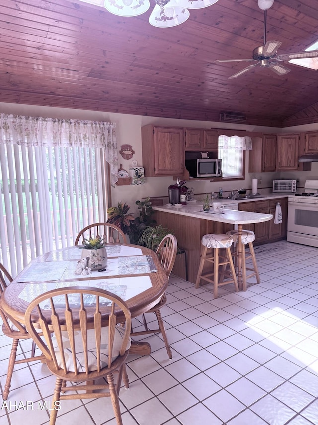 524 Elm Ln, Duncansville, PA 16635 - dining area with plenty of natural light, light tile patterned floors, wood ceiling, and a ceiling fan