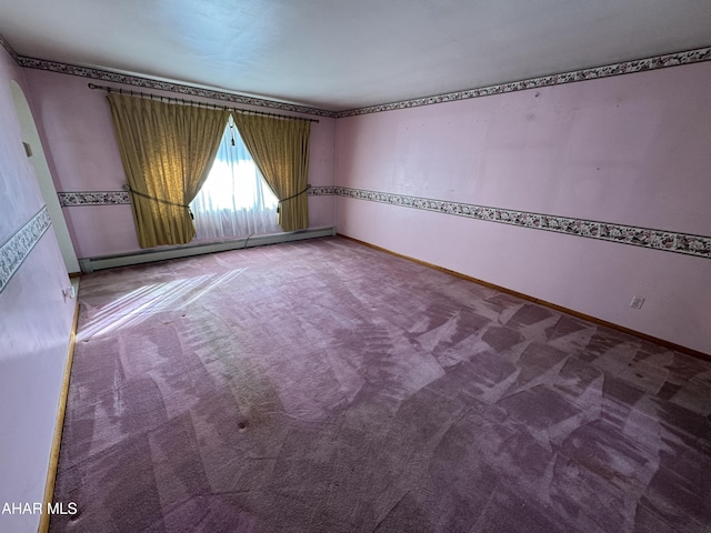 unfurnished room featuring carpet and a baseboard radiator