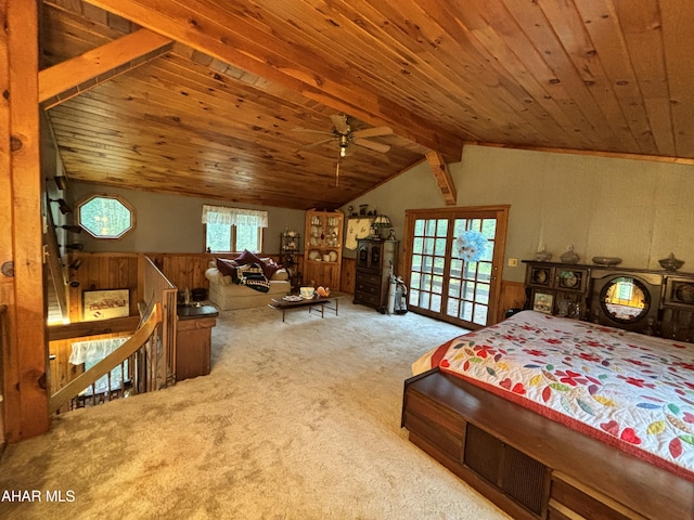 bedroom with wooden ceiling, carpet, and lofted ceiling with beams