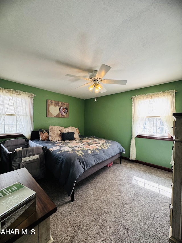 895 Coach Rd, Cresson, PA 16630 - carpeted bedroom with a ceiling fan, a textured ceiling, baseboards, and multiple windows