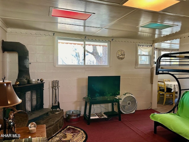 carpeted living room featuring a wood stove