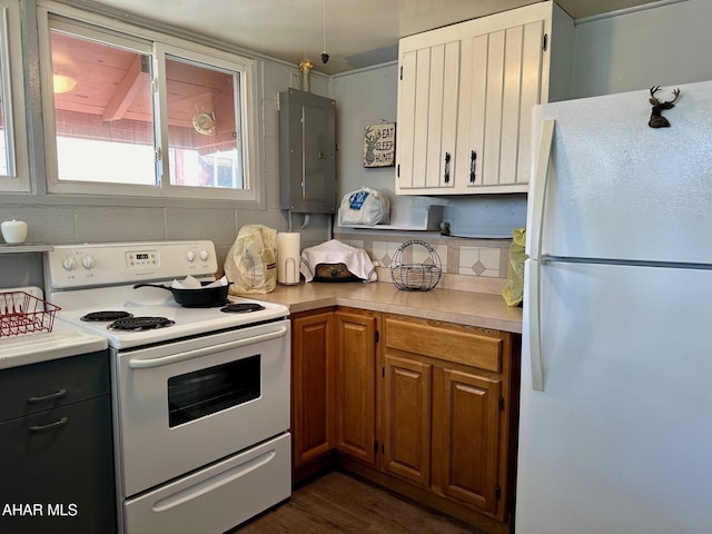 kitchen with electric panel, dark hardwood / wood-style floors, and white appliances