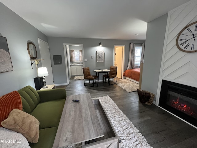 living room with dark hardwood / wood-style floors