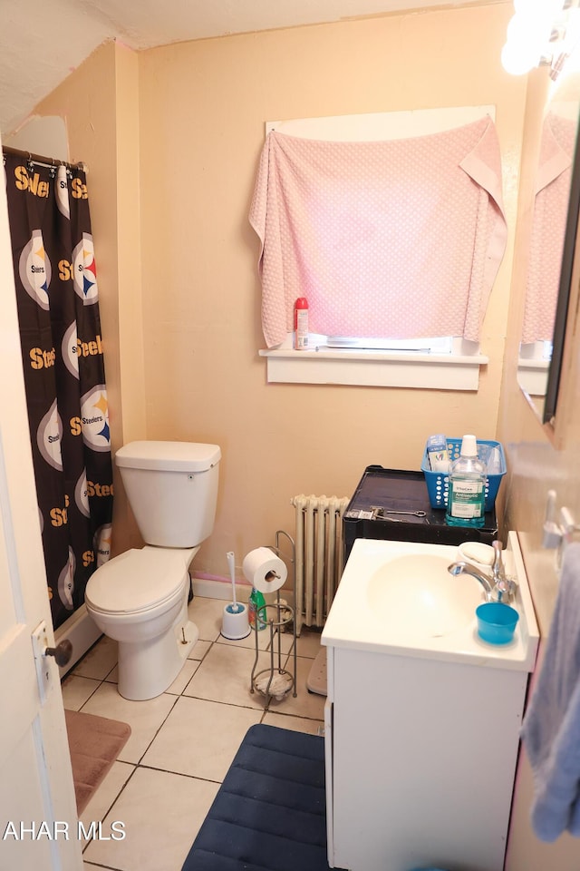 1211 20th St, Altoona, PA 16601 - full bathroom featuring radiator, tile patterned flooring, vanity, and a shower with shower curtain
