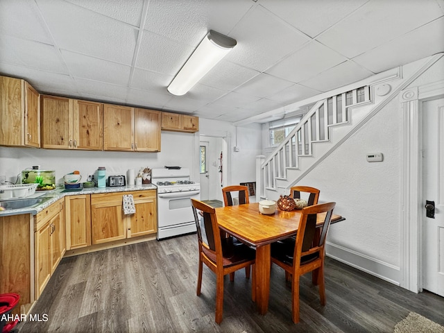 kitchen with white gas range oven, dark hardwood / wood-style floors, a drop ceiling, and sink