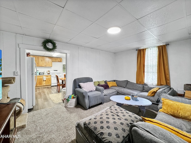 living room with light wood-type flooring and a paneled ceiling