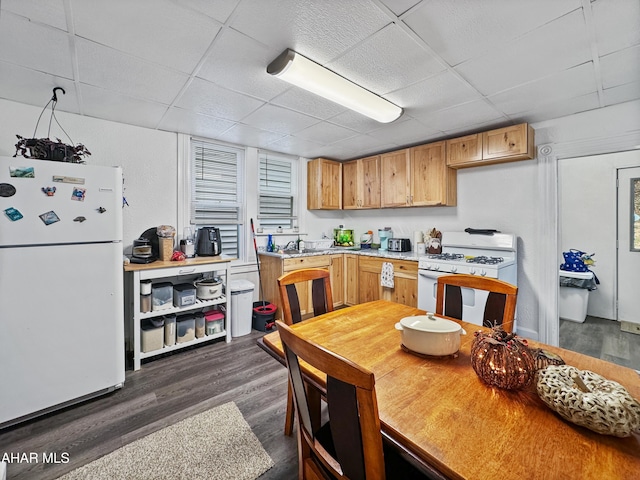 kitchen with dark hardwood / wood-style flooring, white appliances, a drop ceiling, and light brown cabinetry