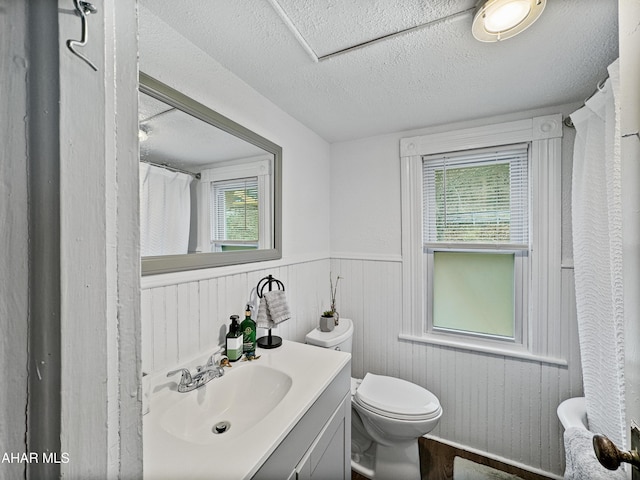 bathroom featuring plenty of natural light, a textured ceiling, and vanity