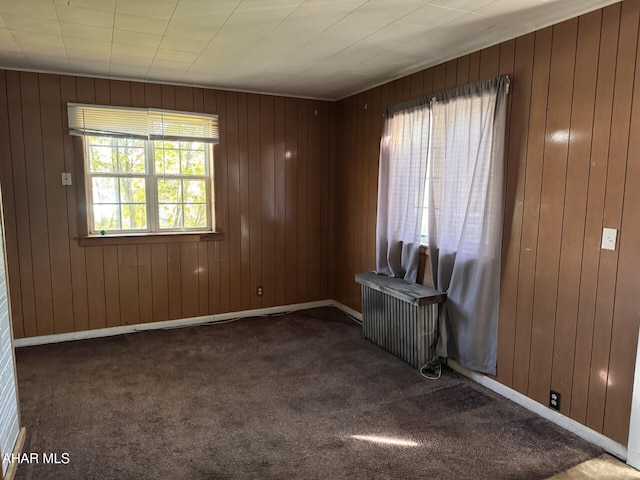 empty room with dark carpet, radiator, and wooden walls