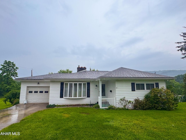 2715 16th St, Altoona, PA 16601 - ranch-style home featuring a garage, a front lawn, concrete driveway, and a chimney
