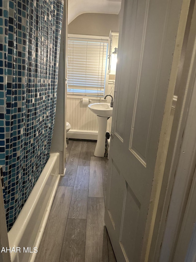 bathroom featuring wood-type flooring and toilet