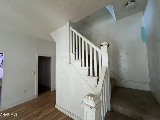 stairway with hardwood / wood-style flooring