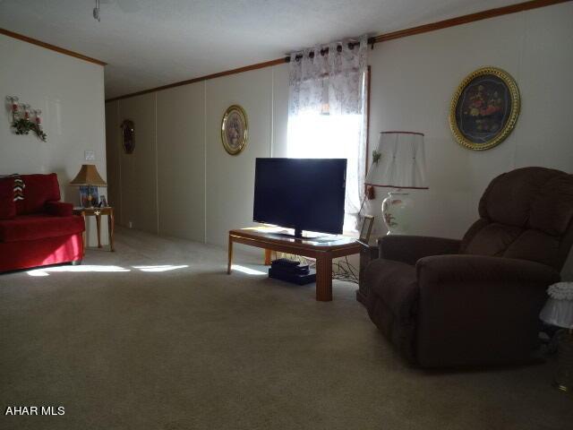 carpeted living room with crown molding