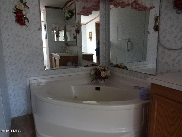 bathroom featuring a washtub and vanity