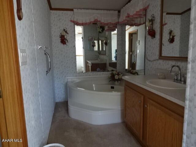 bathroom with a washtub, ornamental molding, and vanity