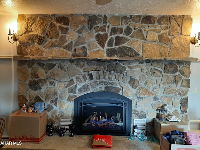 room details featuring carpet flooring and a fireplace