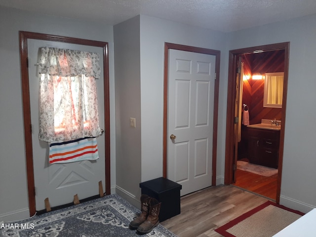 interior space featuring hardwood / wood-style floors, a textured ceiling, and sink