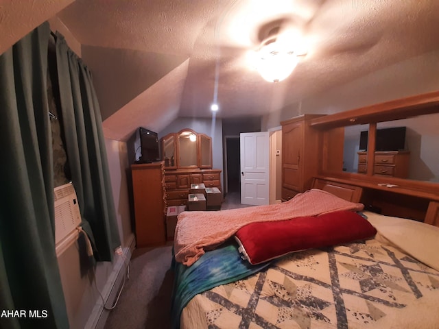 carpeted bedroom featuring lofted ceiling and a textured ceiling