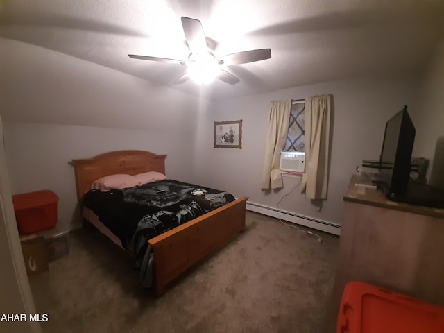 bedroom with carpet, lofted ceiling, ceiling fan, and a baseboard heating unit