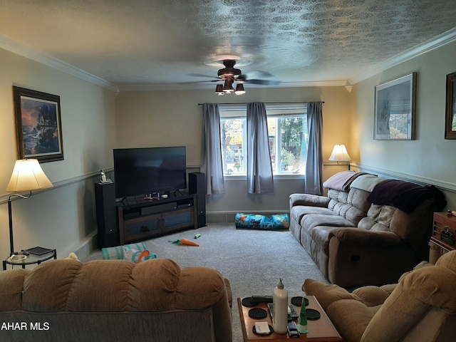 living room with crown molding, carpet, a textured ceiling, and ceiling fan