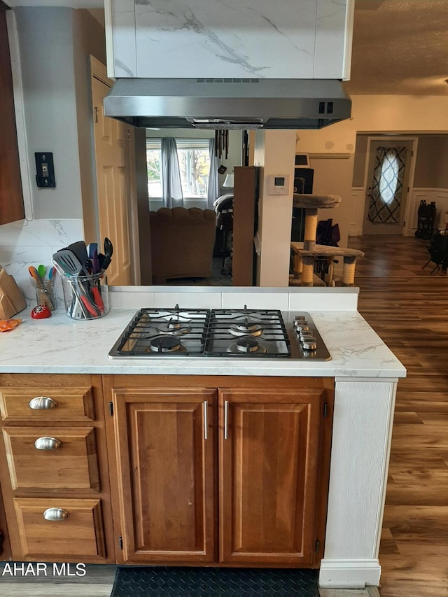 kitchen featuring dark hardwood / wood-style flooring, extractor fan, and stainless steel gas stovetop