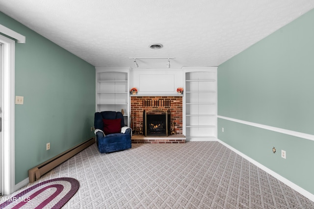409 Tree Ln, Duncansville, PA 16635 - unfurnished living room featuring a baseboard radiator, a fireplace, carpet floors, baseboards, and built in features