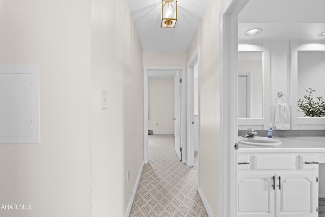 409 Tree Ln, Duncansville, PA 16635 - hallway with a sink, electric panel, baseboards, and light floors