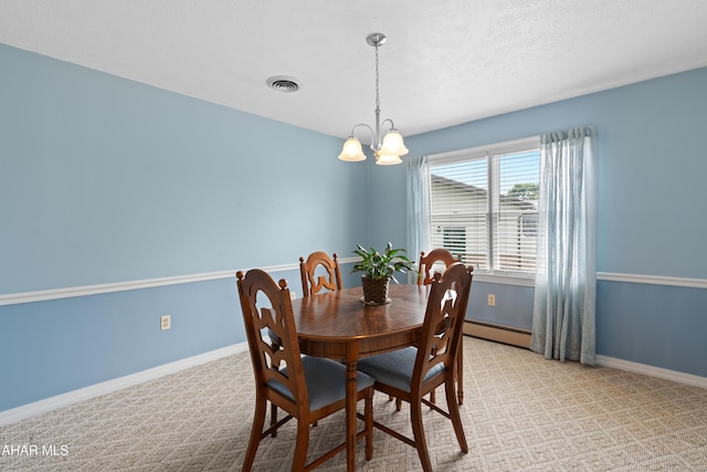 409 Tree Ln, Duncansville, PA 16635 - dining space featuring a baseboard radiator, a chandelier, light carpet, baseboards, and a textured ceiling