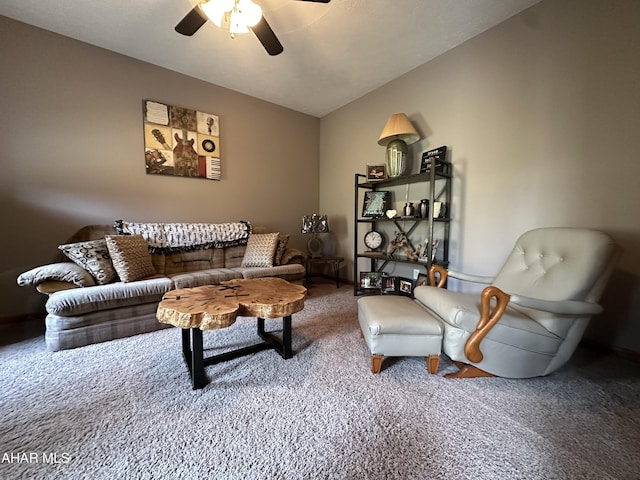 3406 Granada Way, Altoona, PA 16601 - living area with a ceiling fan, carpet, lofted ceiling, and baseboards