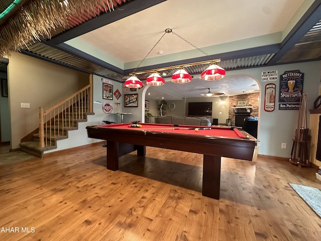 3406 Granada Way, Altoona, PA 16601 - recreation room with arched walkways, billiards, hardwood / wood-style flooring, and a ceiling fan