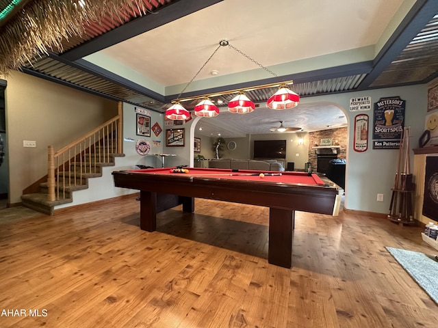 3406 Granada Way, Altoona, PA 16601 - recreation room featuring arched walkways, billiards table, ceiling fan, and hardwood / wood-style flooring