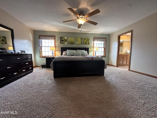3406 Granada Way, Altoona, PA 16601 - bedroom with multiple windows, baseboards, light carpet, a textured ceiling, and ceiling fan