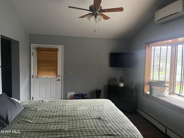 401 Park Ave, Clearfield, PA 16830 - bedroom with a baseboard heating unit, an AC wall unit, lofted ceiling, dark wood-style flooring, and ceiling fan
