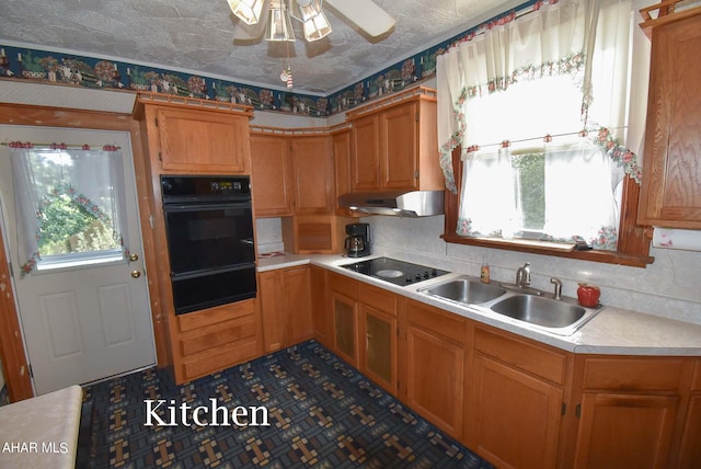 kitchen with a textured ceiling, sink, a healthy amount of sunlight, and black appliances