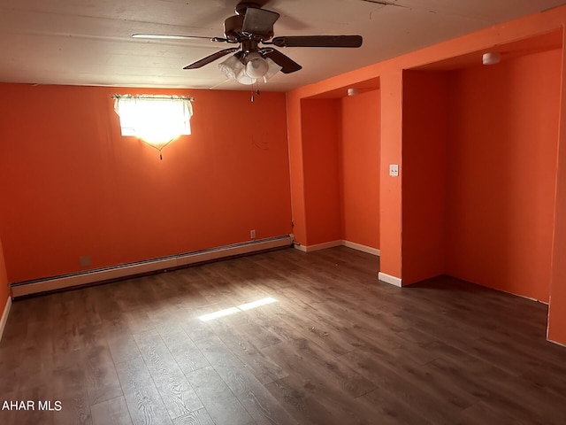 empty room with a baseboard radiator, dark hardwood / wood-style floors, and ceiling fan