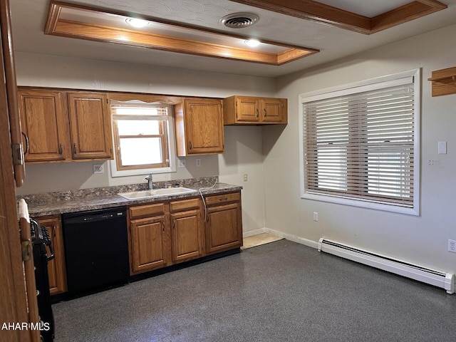 kitchen with dishwasher, baseboard heating, sink, and a tray ceiling