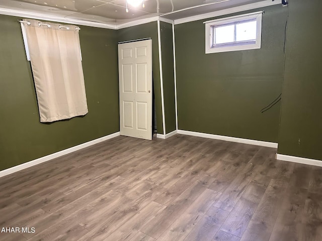 interior space featuring wood-type flooring, ornamental molding, and a closet